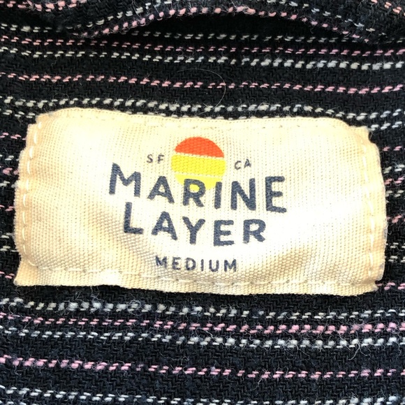 Marine Layer Simple Stripe Selvage Shirt in Mood Indigo/White Stripe.100% Cotton - Picture 4 of 10